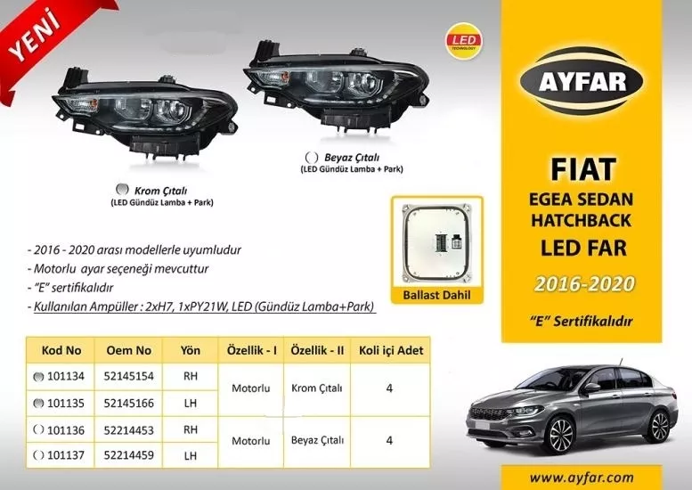 Fiat Egea Far Sol Zenon Balastlı (16-20) Beyaz Çıtalı - LED DRL + Park + Motorlu